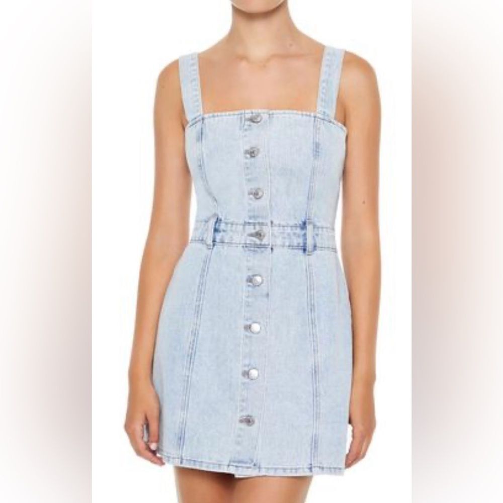 Forever 21 Women's Button Front Stretch Denim Mini Dress Cotton Shoulder Straps